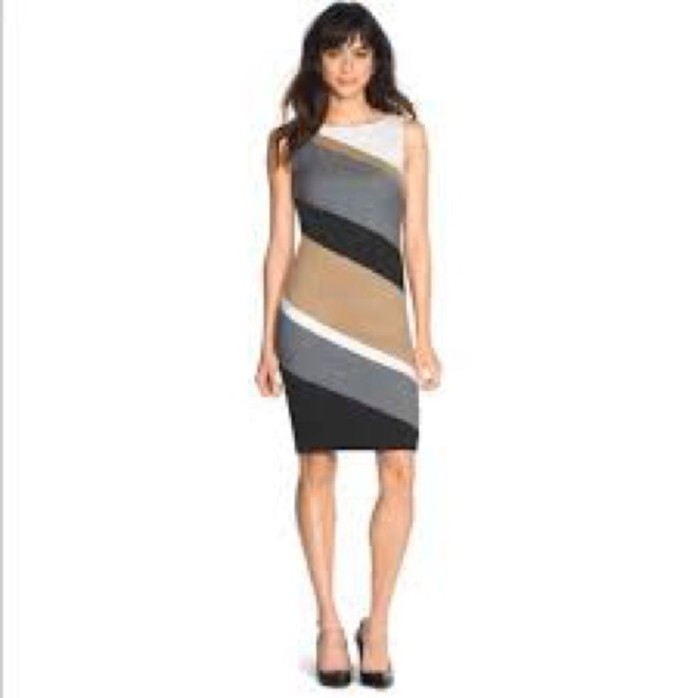 White House Black Market Asymmetrical Dress in Black, Gray, Tan, and White